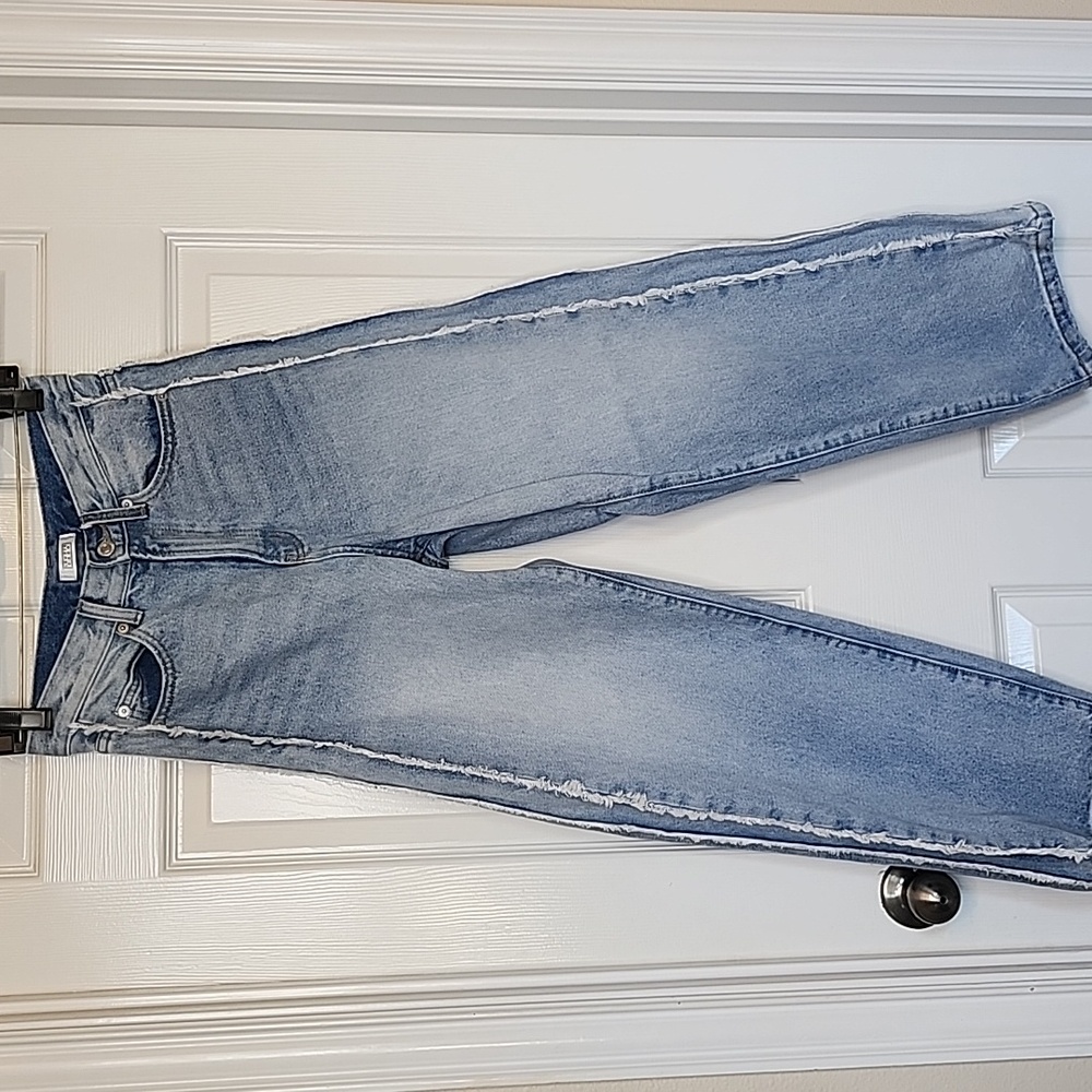 Lowrys Farm Cone Wide Straight High Waist Side Stripe Frey Hem Denim Blue Jeans - Picture 2 of 11